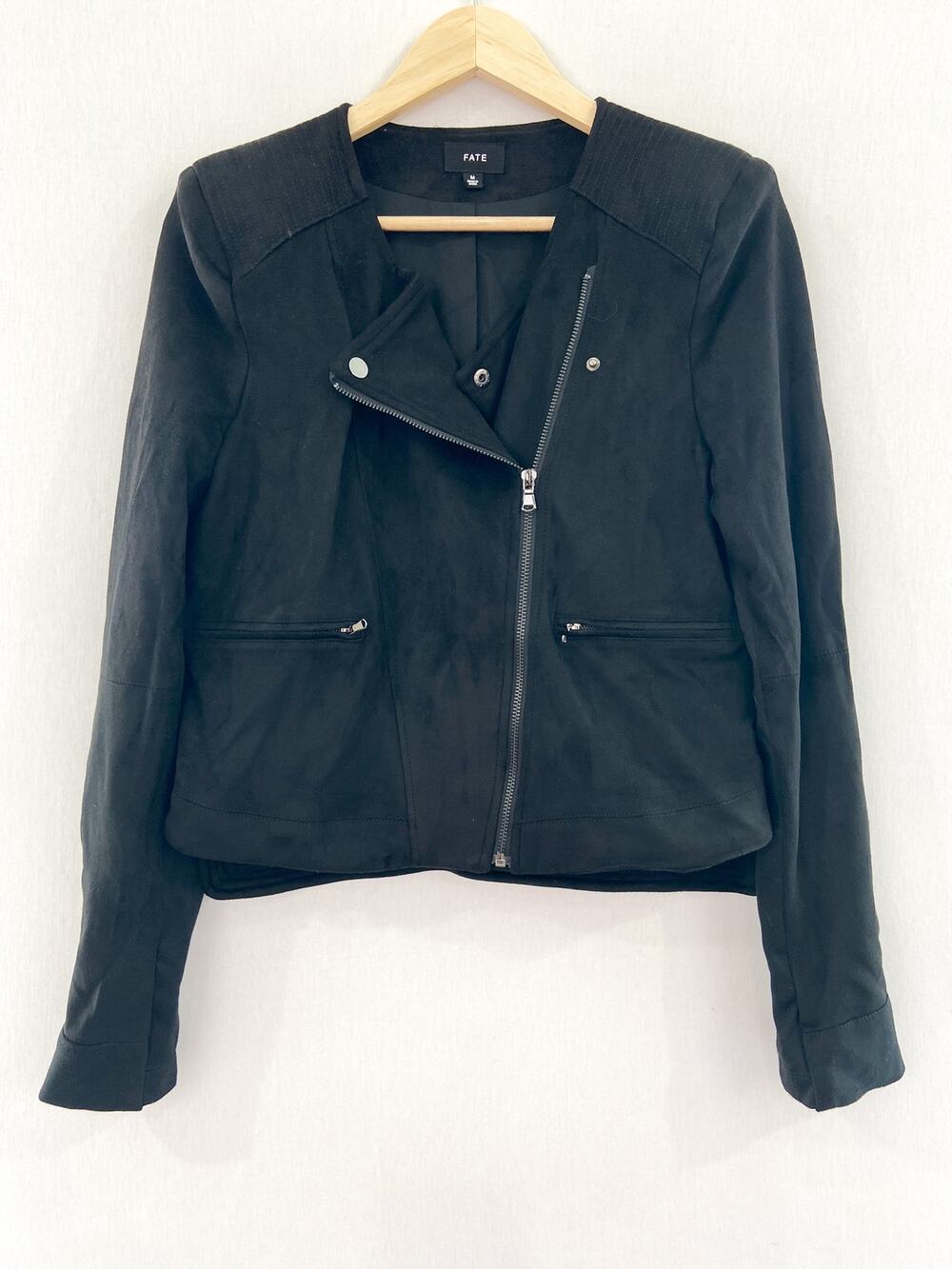 FATE Women's Faux Suede Black Cropped Moto Jacket Medium Biker Grunge Step Hem